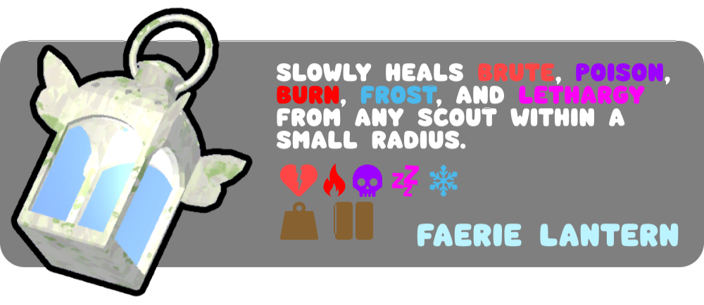 Faerie Lantern removes 150 cold, 75 injury, 75 poison, 150 drowsy, and 75 hot points over 30 seconds for all nearby players. It weighs 5 points, doesn't need to be in hands to work, and push away fog 7.5m.