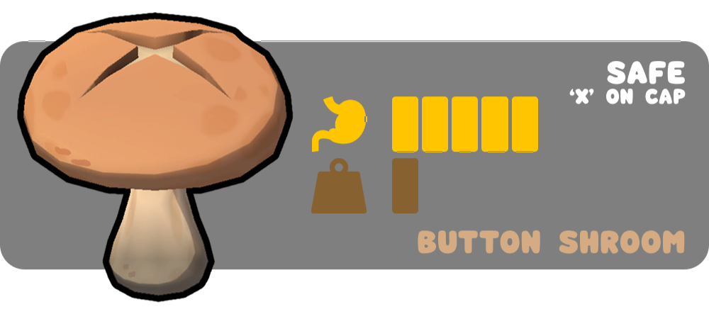 Button Shroom removes 10 hunger points and weighs 2.5 points. Cooking once doubles hunger recovery points and adds 10 extra stamina points.